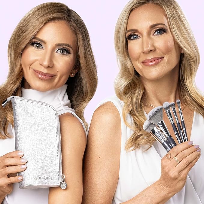 BK BEAUTY BRUSHES - ANGIE HOT &amp FLASHY Travel Brush Set with Pouch - Foundation Makeup Brushes - Brush for Liquid or Cream Foundations - Under-Eye Concealer | Bronzer Blush &amp Highlighter Make