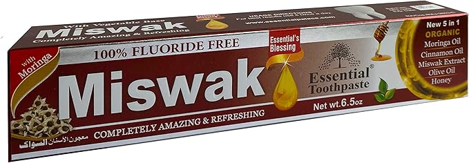 Essential Palace (Pack of 6) Organic Miswak Herbal Whitening Toothpaste - Refreshing- with Moringa Oil Cinnamon Oil Miswak Extract Olive Oil &amp Honey- 100% Fluoride Free &amp Vegetable Base - 6