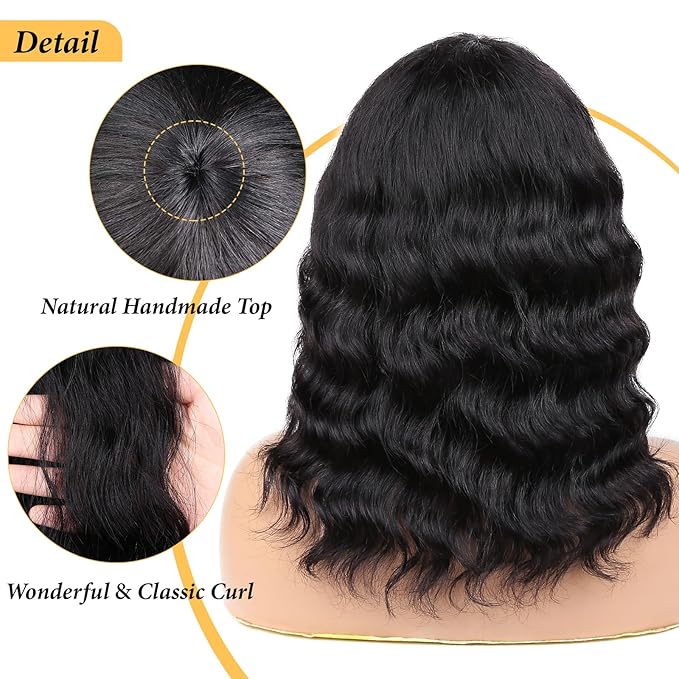 WIGNEE 100% Virgin Human Hair Loose Deep Wave Wigs with Bangs Brazilian Human Hair Wave Wig for Women Natural Black (12 Inch)