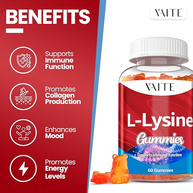 L-Lysine 1000mg Gummies - Supports Skin Lip Vegan Gluten Free 60 Chewable Lysine for Adults Vitamins Tissue Health &amp Immune System Amino Acid Vitamin Supplement &amp Complex Supplements (3