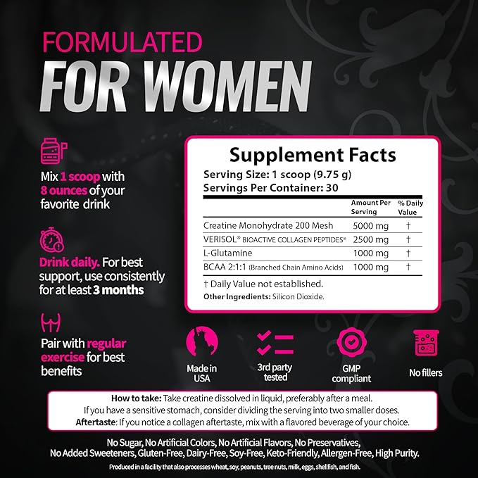 Creatine for Women ? Booty Builder Supplement with Collagen &amp BCAA ? Supports Muscle Development Post-Workout Recovery Skin Elasticity Healthy Hair &amp Nail | Unflavored ? 30 Servings