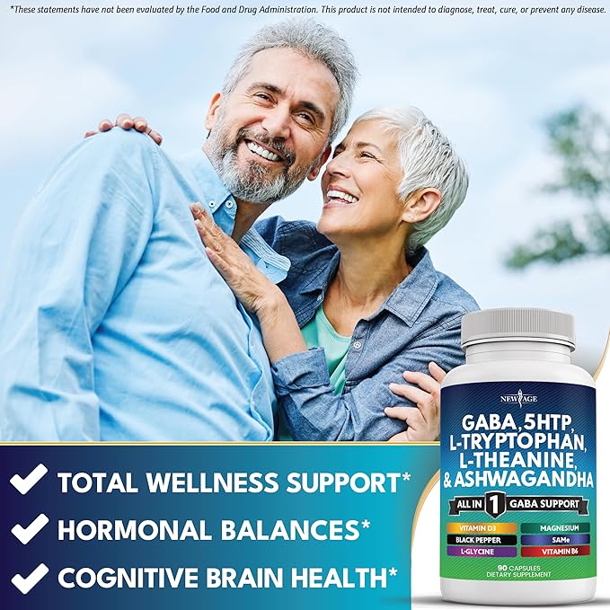 NEW AGE GABA 750mg 5 HTP 200mg L Tryptophan 500mg L Theanine 200mg Ashwagandha SAM-e L-Glycine - Vitamins for Women and Men with 5-HTP (5-Hydroxytryptophan) - 270 Count