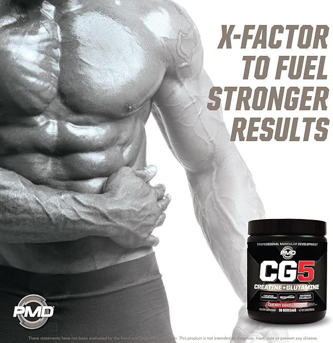 PMD Sports CG5 - Premium Creatine and L Glutamine Powder - Maximum Strength Power Recovery Build Lean Muscle Increase Performance - Pre-Workout and Post Workout - Cherry Vanilla Slush (30 Servings)