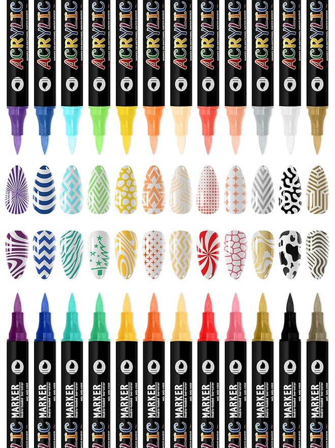 24 Color 3D Nail Art Polish Pens Set Kalolary Nail Art Markers Point Graffiti Dotting Pen Drawing Painting Liner Double Headed Acrylic Paint for DIY Nail Art