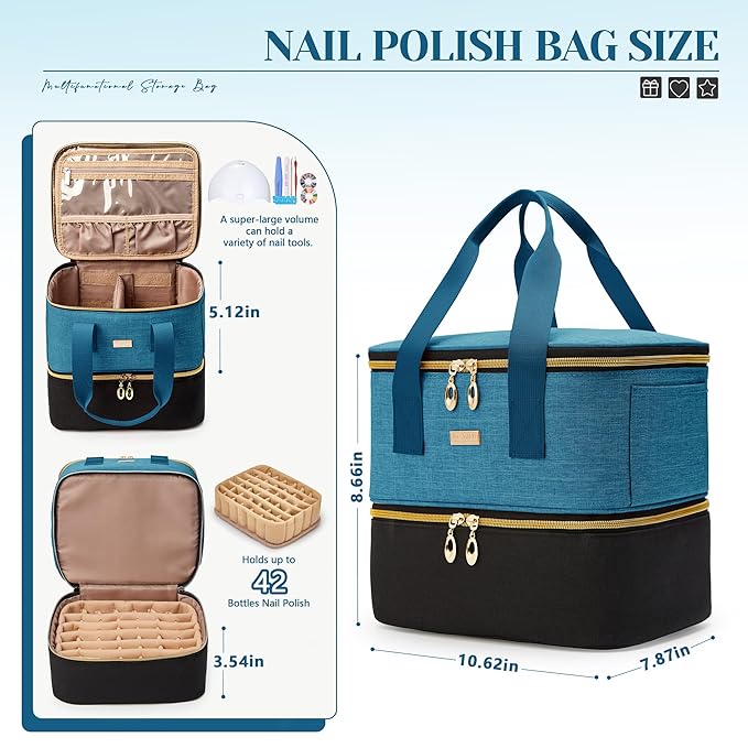 Nail Polish Organizer - Double Layer Storage Box Holds 42 Bottles &amp Nail Tech Kit Supplies Large Capacity Case Carrying Bag