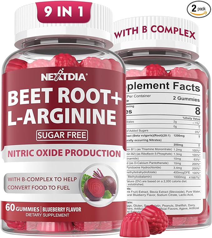 Beet Root Gummies &amp L-Arginine Nitric Oxide Supplements for Men &amp Women w/Organic Beets B1 B2 B3 B5 B6 Folate B12 for Energy Boost &amp Circulation Support Sugar Free 120 Cts