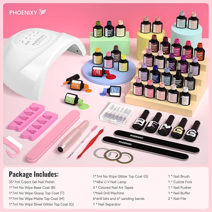 phoenixy 53 Pcs Gel Nail Polish Kit with U V light and Drill 35 Colours Gel Polish with 5 Pcs Base Top Coat Manicure Starter Nail Polish Set Christmas Gifts for Women ST9014