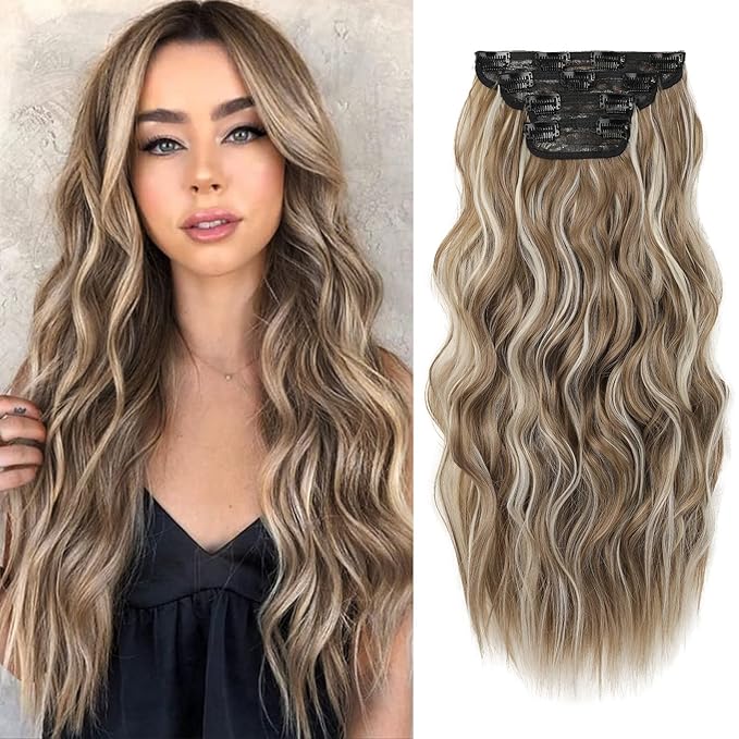REECHO Hair Extensions 4PCS Clip in Hair Extensions HE001 Natural Soft Synthetic Hairpieces for Women (20 Inch-200 Gram (Pack of 4) Ash Brown with Platium Highlights)
