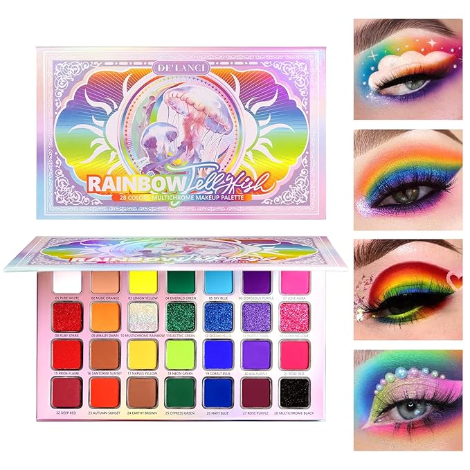 DE'LANCI Rainbow Eyeshadow Palette Colorful Makeup Pallet Multichrome Bright Neon Eyeshadow Palette High Pigment Vibrant Face Paint Rainbow Iridescent Makeup Long Lasting Daily Festival Goth FX Look
