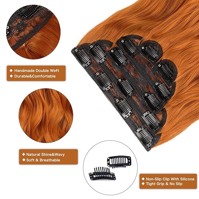 WECAN Clip In Hair Extensions 20 Inch 6pcs Copper Red Long Wavy Curly Hair Extensions Ginger Synthetic Fiber Double Weft Soft Hairpieces For Women Full Head