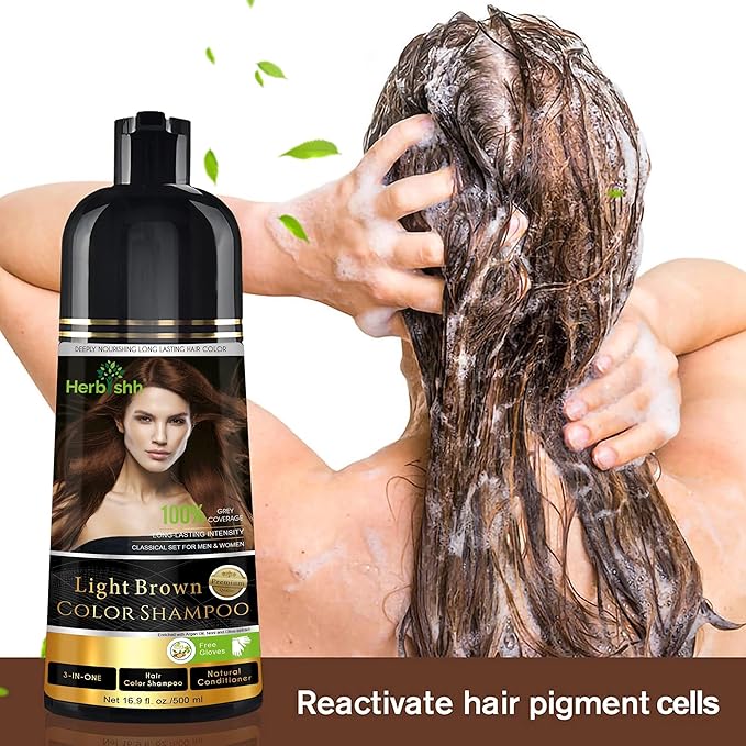 Herbishh 3-In-1 Magic Hair Dye Shampoo for Gray Hair - Light Brown 500 Ml Ammonia-Free Long Lasting Colors Hair in MinutesUnisex