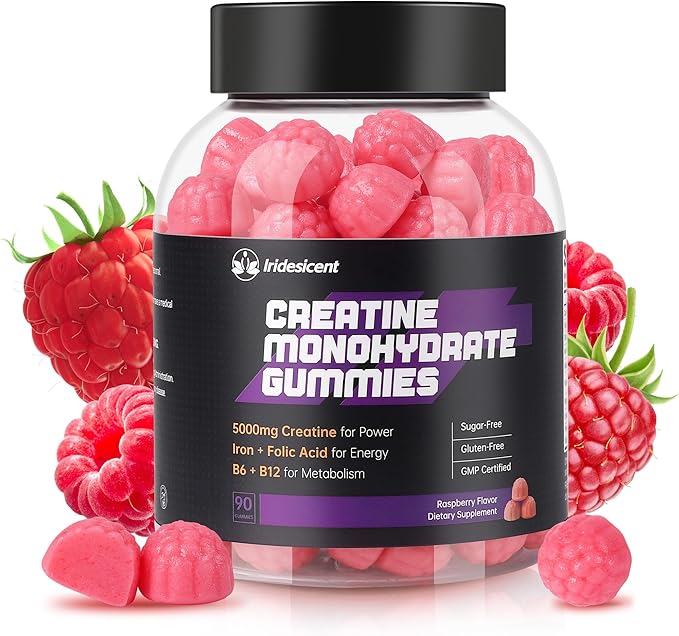 Creatine Monohydrate Gummies 5000mg w/Iron Vitamin B6 &amp B12 Sugar Free 5g Creatine Supplements for Women - 90 Raspberry Gummies