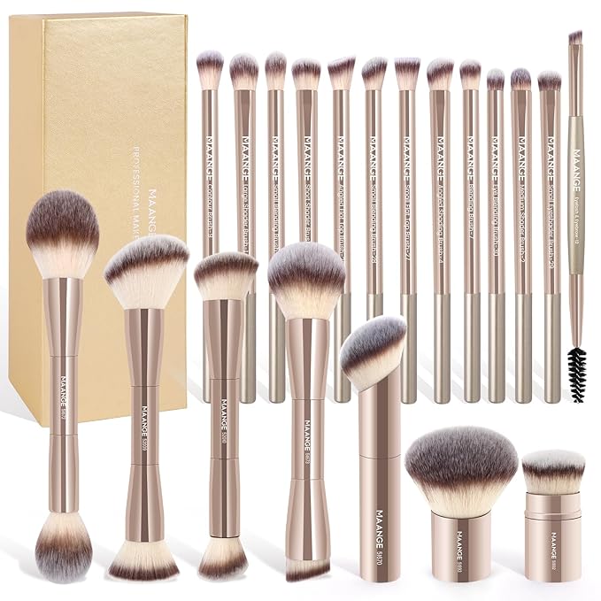 MAANGE 20 Pcs Makeup Brushes with Gift Box Double-End Multi-functional Makeup Brushes for Blending Liquid Powder Concealer Cream Blush BuffeChampagne