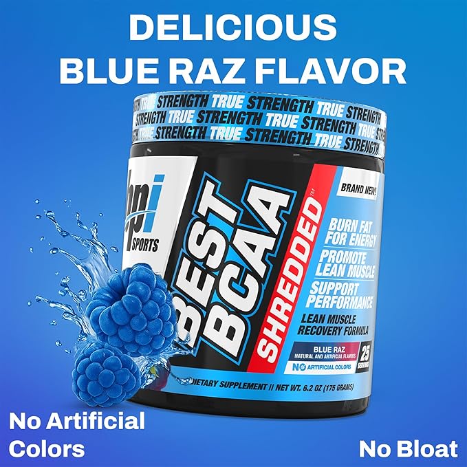 BPI Sports Best BCAA Shredded - Caffeine Free Thermogenic Recovery Drink Lean Muscle Building BCAA Powder for Women and Men Preworkout BCAAs Amino Acids Drink- Blue Raz - 25 Servings