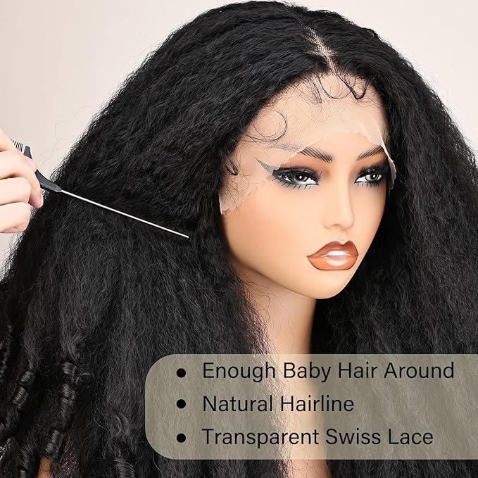 SOKU Afro Curly Lace Front Wig Synthetic T Part HD Transparent Lace Blends Kinky Straight Curly Ends Voluminous Bouncy Hair 20 Inch Natural Black Heat Friendly Black Women Must Have