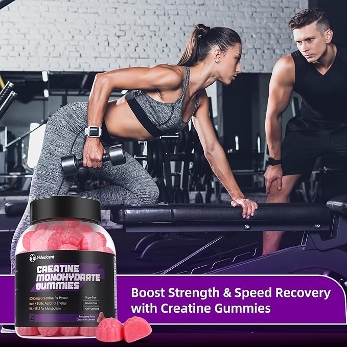 Creatine Monohydrate Gummies 5000mg w/Iron Vitamin B6 &amp B12 Sugar Free 5g Creatine Supplements for Women - 90 Raspberry Gummies