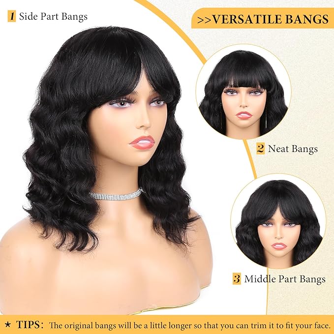 WIGNEE 100% Virgin Human Hair Loose Deep Wave Wigs with Bangs Brazilian Human Hair Wave Wig for Women Natural Black (12 Inch)