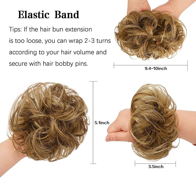 FESHFEN Human Messy Buns - 100% Human Hair Bun Real Scrunchies Hair Pieces Ponytail Extensions Wavy Tousled Updo Chignon Hairpieces for WomenLight Brown Mixed Blonde