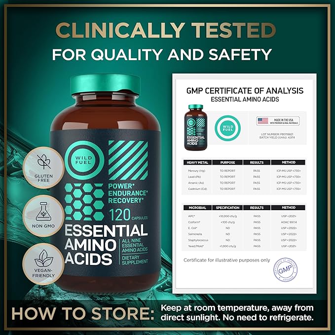 WILD FUEL Essential Amino Acids Supplement for Women and Men - All 9 BCAAs Amino Acid Complex for Power and Recovery - EAA Lysine Tryptophan Isoleucine - 2 Pack 240 Vegan BCAA Capsules