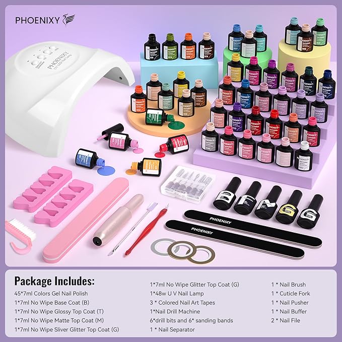 phoenixy 63 Pcs Gel Nail Polish Kit with U V light and Drill 50 Pcs Gel Polish with 5 Pcs Base Top Coat Manicure Starter Nail Polish Set Christmas Gifts for Women ST9017