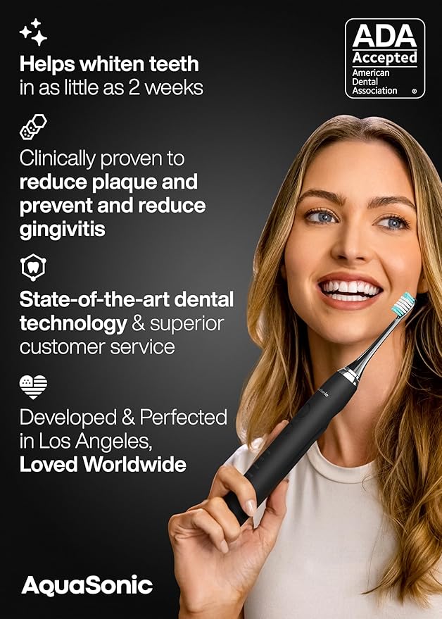 Aquasonic Black Series Ultra Whitening Toothbrush ? ADA Accepted Electric Toothbrush- 8 Brush Heads &amp Travel Case ? 40000 VPM Electric Motor &amp Wireless Charging - 4 Modes w Smart Timer