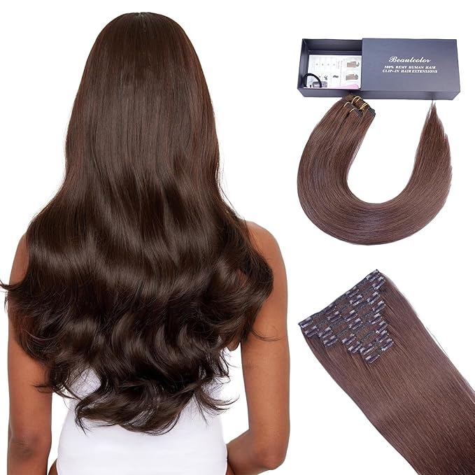 8PCS 120G Chocolate Brown Clip in Natural Soft Hair Extensions Real Human Hair(18 Inch #4)