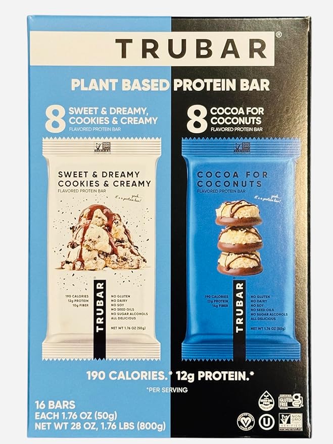 TRUBAR Based Protein Bars 8 Sweet &amp Dreamy Cookies &amp Cream 8 Cocoa for Coconuts 12g Protein 190 Calories 16 counts Count (1 Pack)