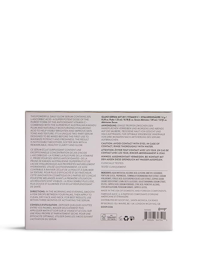 goop Beauty 20% Vitamin C + Hyaluronic Acid Serum | Improves Tone Texture &amp Hydration | L-ascorbic Acid and Hyaluronic Acid | Paraben and Silicone Free | 1 fl oz