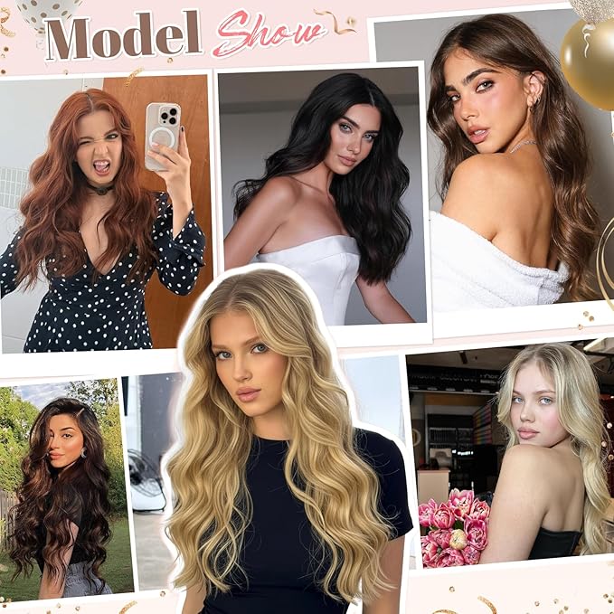 Synthetic Clip in Hair Extensions 6PCS Natural &ampSoft Hair&amp Blends Well Lonng Wavy Hairpieces(20inch6pcs Black with Brown Highlights)
