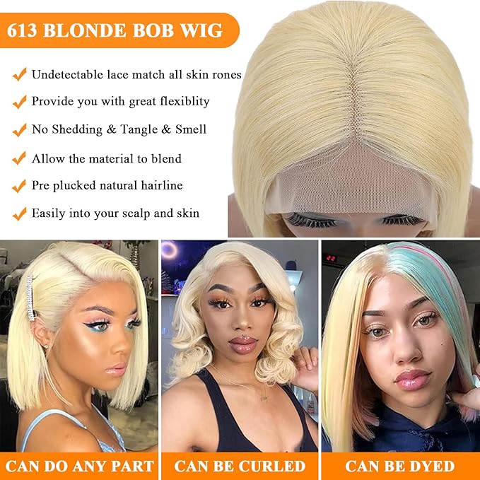 613 Bob Wig Human Hair Blonde Bob Wig HD Lace Front 13X4 HD Transparent lace Front Bob Wig Human Hair for Black Women Natural Hairline 14 inch