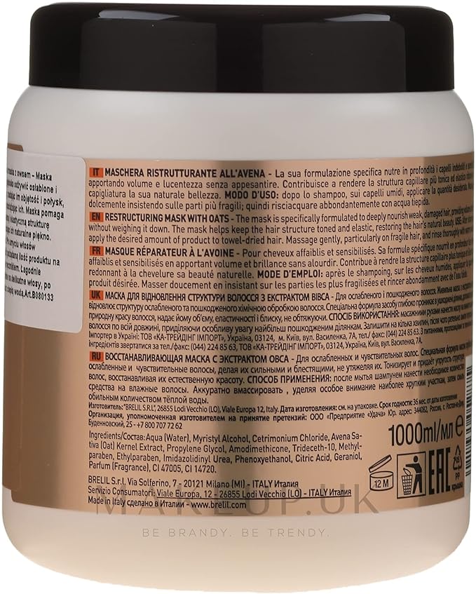 BRELIL Numero Restructuring Cream Mask Hair with Oat Extracts (33.81 fl.oz)