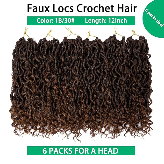 Goddess Locs Crochet Hair 12 Inch 6 Packs Faux Locs Crochet Hair for Black Women Pre Looped Crochet Hair with Curly Ends River Locs Style Hair Extensions 1b/30
