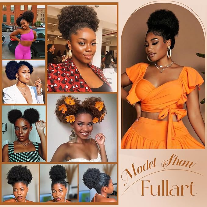 Fullart Afro Puff Drawstring Ponytail Extension #2 Darkest Brown 100% Human Hair Naturally Styled Hairpiece Human Hair Clip in Hair Extensions for Black Women