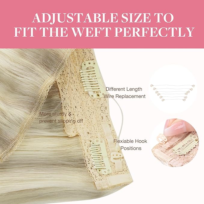 GOO GOO Wire Hair Extensions Human Hair 17/22/60 Ash Blonde with Golden Blonde and Platinum Blonde Balayage 18inch 95g Invisible Wire Hair Extensions with Transparent Seamless Fish Line Hairpiece
