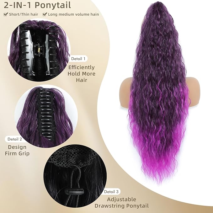 Claw Clip in Ponytail Extension 30 Inch Long Wave Curly Pony Tail Hair Extensions for Women fluffy Natural Looking Synthetic Hairpiece for Daily Use(Omber Purple 30Inch)