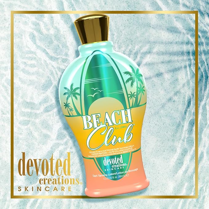 Devoted Creations Beach Club - Exclusive Skin Softening Copper Peptides + Elite Collagen Banking Complex with Peach Nectar &amp Acai Berry Extracts Indoor/Outdoor Dark Tanning Lotion