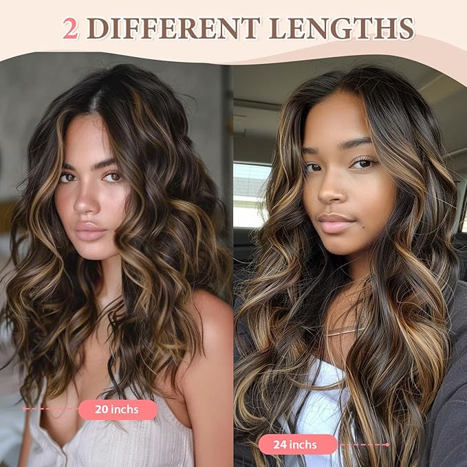 Synthetic Clip in Hair Extensions 6PCS Natural &ampSoft Hair&amp Blends Well Lonng Wavy Hairpieces(20inch6pcs Black with Brown Highlights)