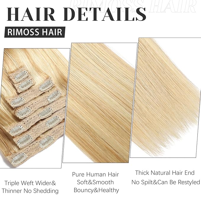 Clip in Hair Extensions Real Human Hair - 24 Inch 7pcs Dirty Blonde to Bleach Blonde Highlight Color - Soft Human Hair Clip in Extensions Straight for Women (24 Inch)