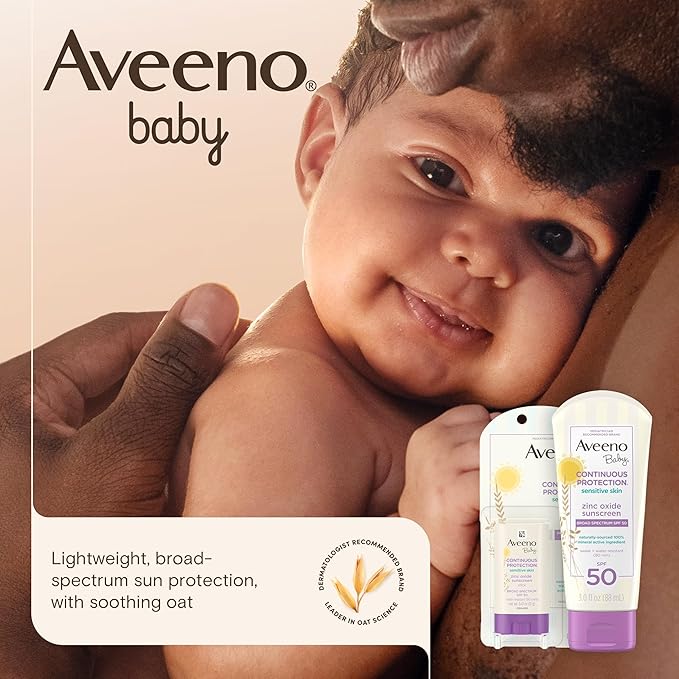 Aveeno Baby Continuous Protection Zinc Oxide Mineral Sunscreen Lotion for Sensitive Skin Broad Spectrum SPF 50 Tear-Free Sweat- &amp Water-Resistant Paraben-Free Non-Greasy 7 fl. oz