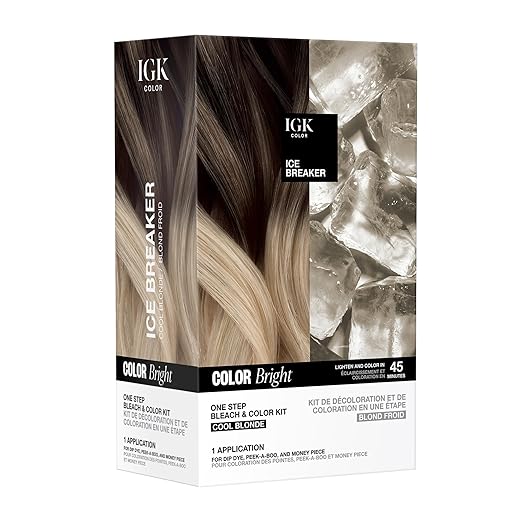IGK Color Bright One Step Bleach &amp Color Kit for Accent Pieces ICE BREAKER- Cool Blonde | One-Step Color Processing + Replenishes + Hydrates | Vegan + Cruelty Free + Ammonia Free | 4 Oz