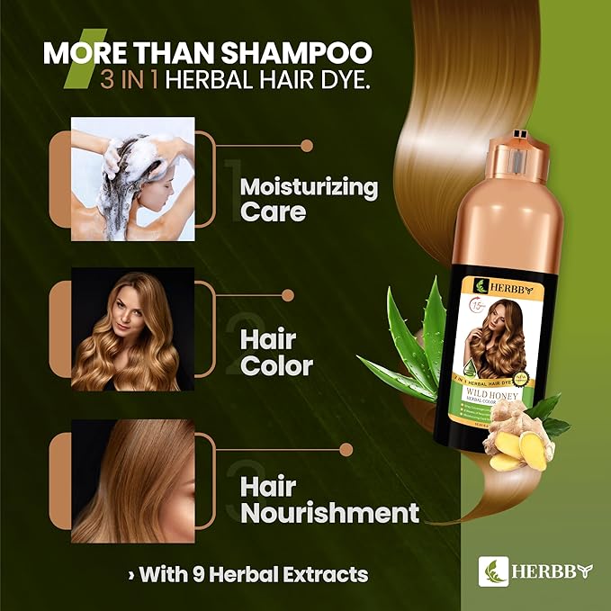 HERBBY Hair Color Shampoo for Gray Hair Coverage&ampColor Transform with 9 Herbal Extracts ?Long Lasting(6-8 Weeks)ShinyEvenly ColoredInstant Hair Dye Shampoo&ampConditioner 500 Ml (WILD HONEY C