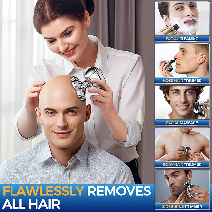 Head Shavers for Bald Men Bald Head Shavers for Men Wet Dry Men's Electric Razor for Face Shaving Waterproof Cordless 7-Blade Shaver for Man Face Rechargeable Grooming Kit Gift for Man Silver