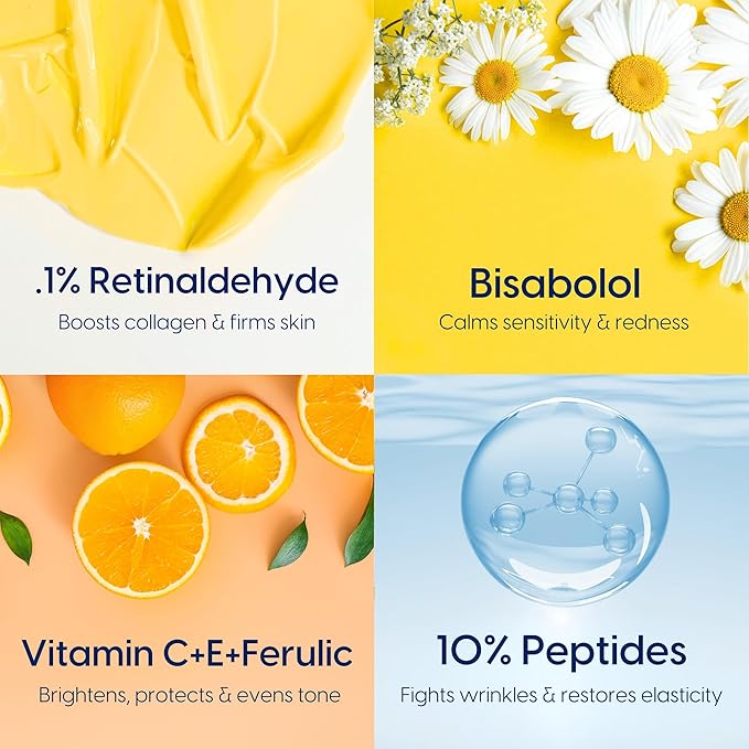 Strive - Anti-aging Retinal Serum - 0.1% Retinaldehyde 10% Peptides &amp 2% Vitamin C E Ferulic Face Serum. Brightening Firming Wrinkle &amp Fine Line Reducing - Fragrance Free Anti aging Skincar