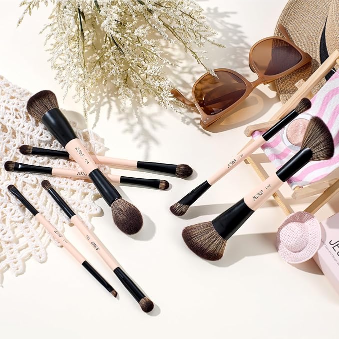 Jessup Makeup Brushes Set 7pcs Double Sided Makeup Brushes for Foundation Concealer Blush Eyeshadow Contour Bronzer Powder Blending Eyebrow Eyeliner Cruelty-Free Make up Brushes Peach Dust T600