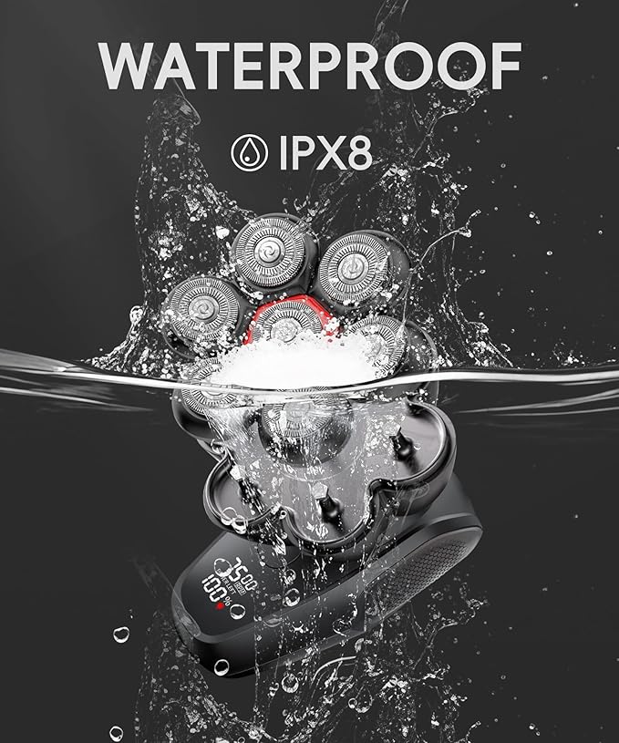 Head Shaver for Bald Men - IPX8 Waterproof Electric Razor for Wet/Dry Use with LED Display USB-C Fast Charge &amp 5 Attachments Black
