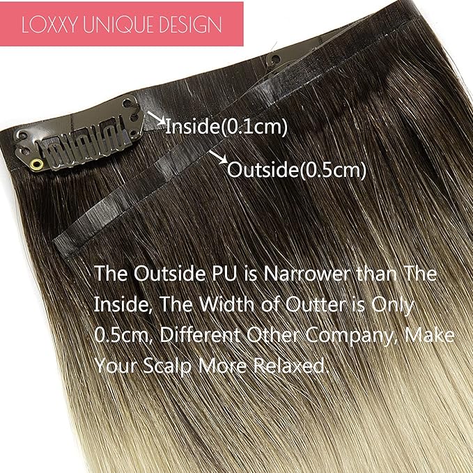 Loxxy Seamless Extensions Clip in Human Hair Double Ultra Thin PU Weft Remy Hair Extensions Clip in Human Hair Ombre Rooted Darkest Brown To Platinum Blonde Full Head R#2-60A 18Inch 110gram 7pcs