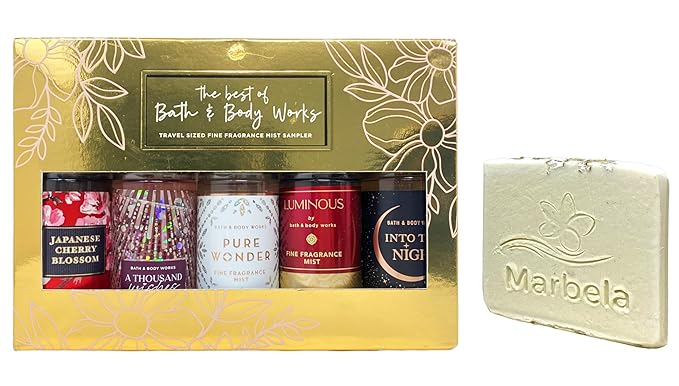 Best of Bath &amp Body Works 5-piece Mini Fine Fragrance Mist Gift Set - Japanese Cherry Blossom- A Thousand Wishes - Pure Wonder - Luminous - Into The Night - with a Natural Oats Soap Sample