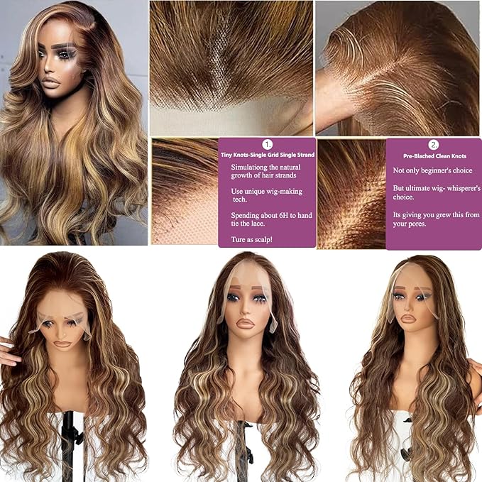 Ombre Brown Balayage Honey Blonde Highlight Wigs Human Hair Glueless Lace Front Wigs Human Hair Body Wave 13x6 Lace Front Wigs Pre Plucked Human Hair 20 Inch Brown Balayage Blonde Highlights Wig