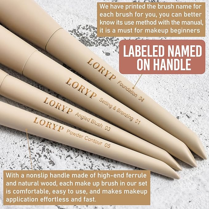 LORYP 18 Piece Makeup Brushes Set Labeled Face and Eye Brush Set Complete with Foundation Concealer Contour Blending Blush Eyeshadow Brushes with Travel Holder Case