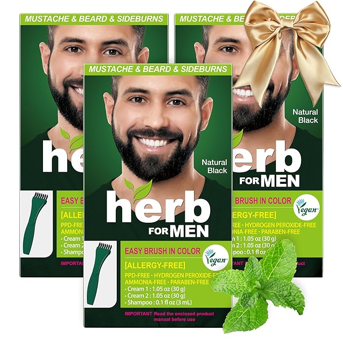 Herb For Men Mustache &amp Beard Dye (Nature Black 3 Pack) PPD-Free Ammonia-Free Vegan with Natural Ingredients Odorless Gentle for Sensitive Skin No Skin Irritation